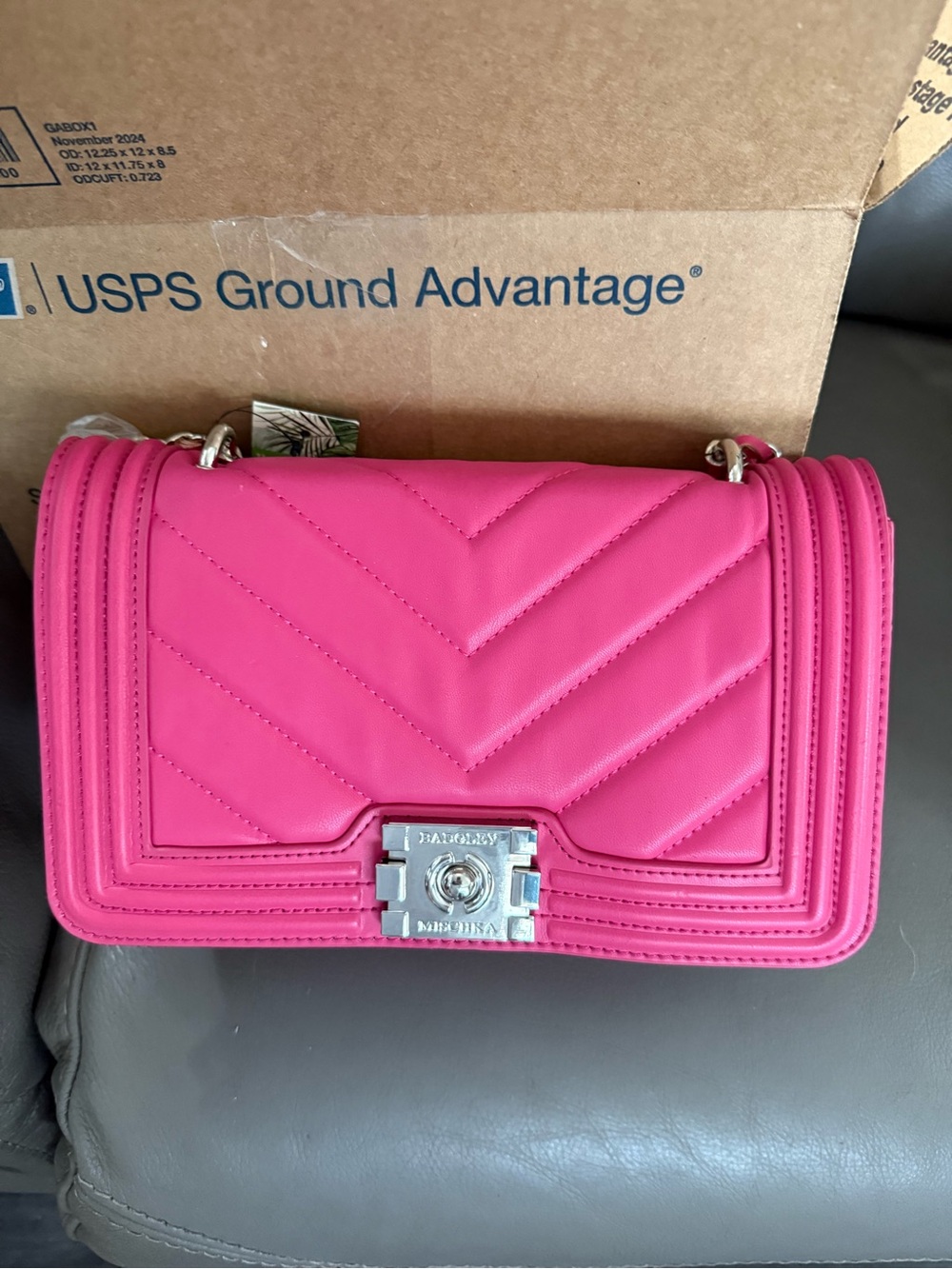 Badgley Mischka Bright Pink Quilted Shoulder Bag with Silver Hardware - Picture 2 of 4